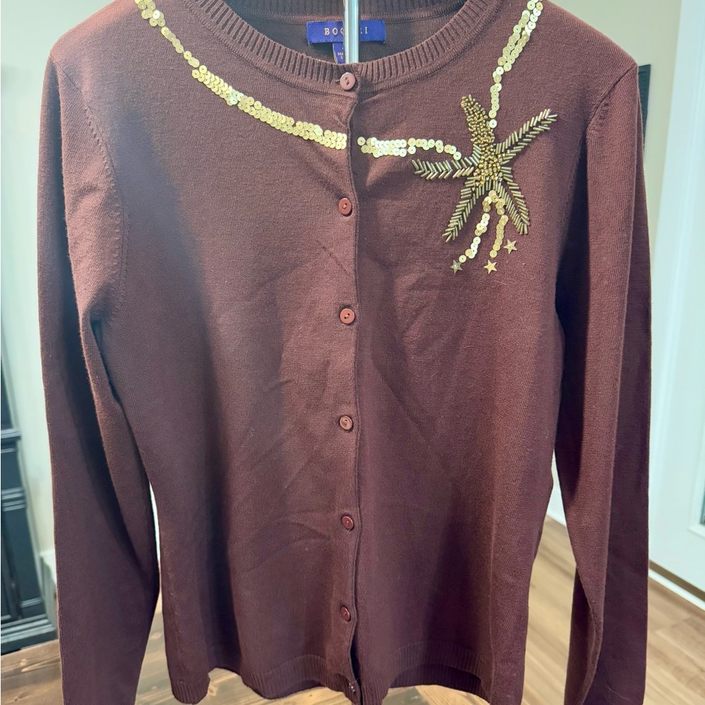 Bogari Chocolate Brown Silk Blend Cardigan with Gold Embellishments